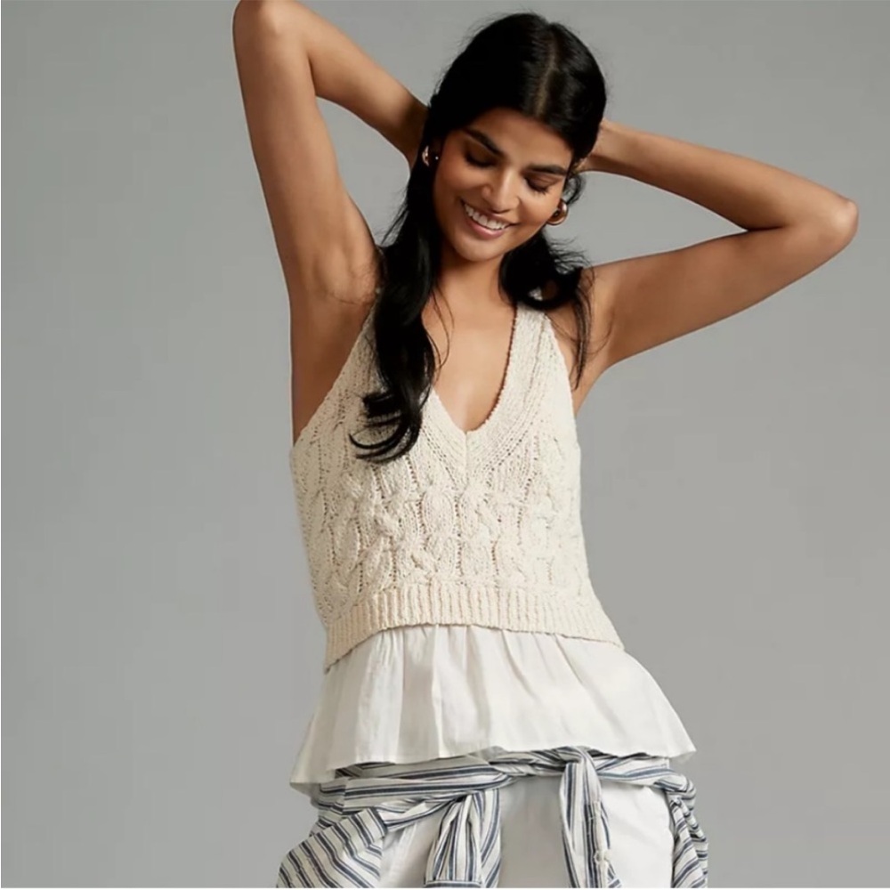 By Anthropologie Twofer Cable-Knit Sweater Tank Cream Sz Xs bin 34